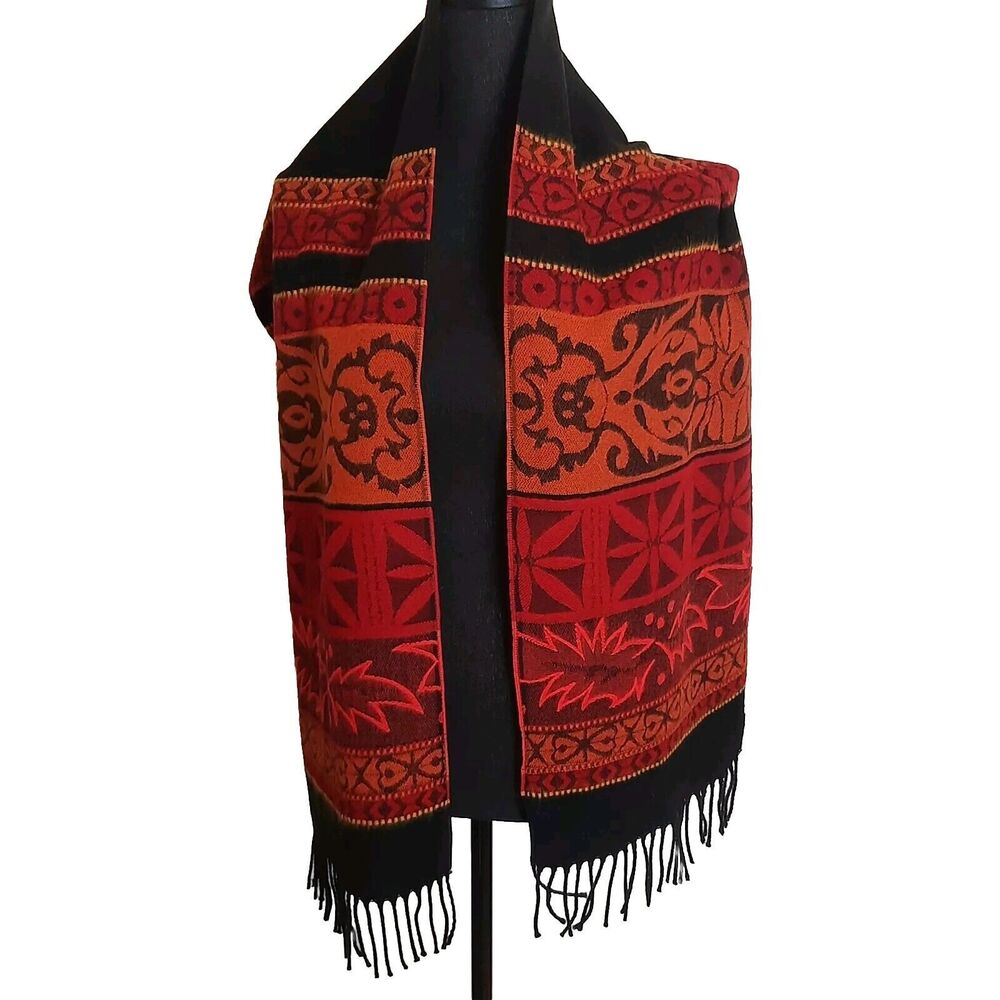 Fringed Tapestry Scarf 63"X11" Autumn Fall Made In France Damask Red Orange